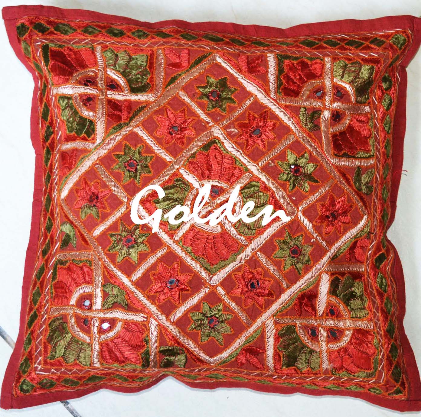 Red /Orange Hand Embroidered Mirror Work Cotton Cushion Cover 16 X 16 