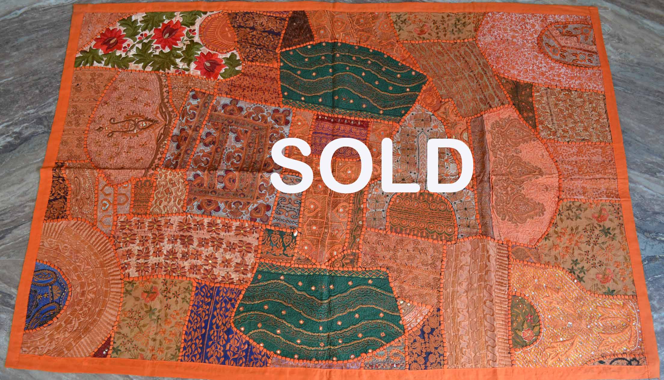 Yellow Indian Vintage Beaded Tapestry - 40x40 Embroidered Square Wall Hanging